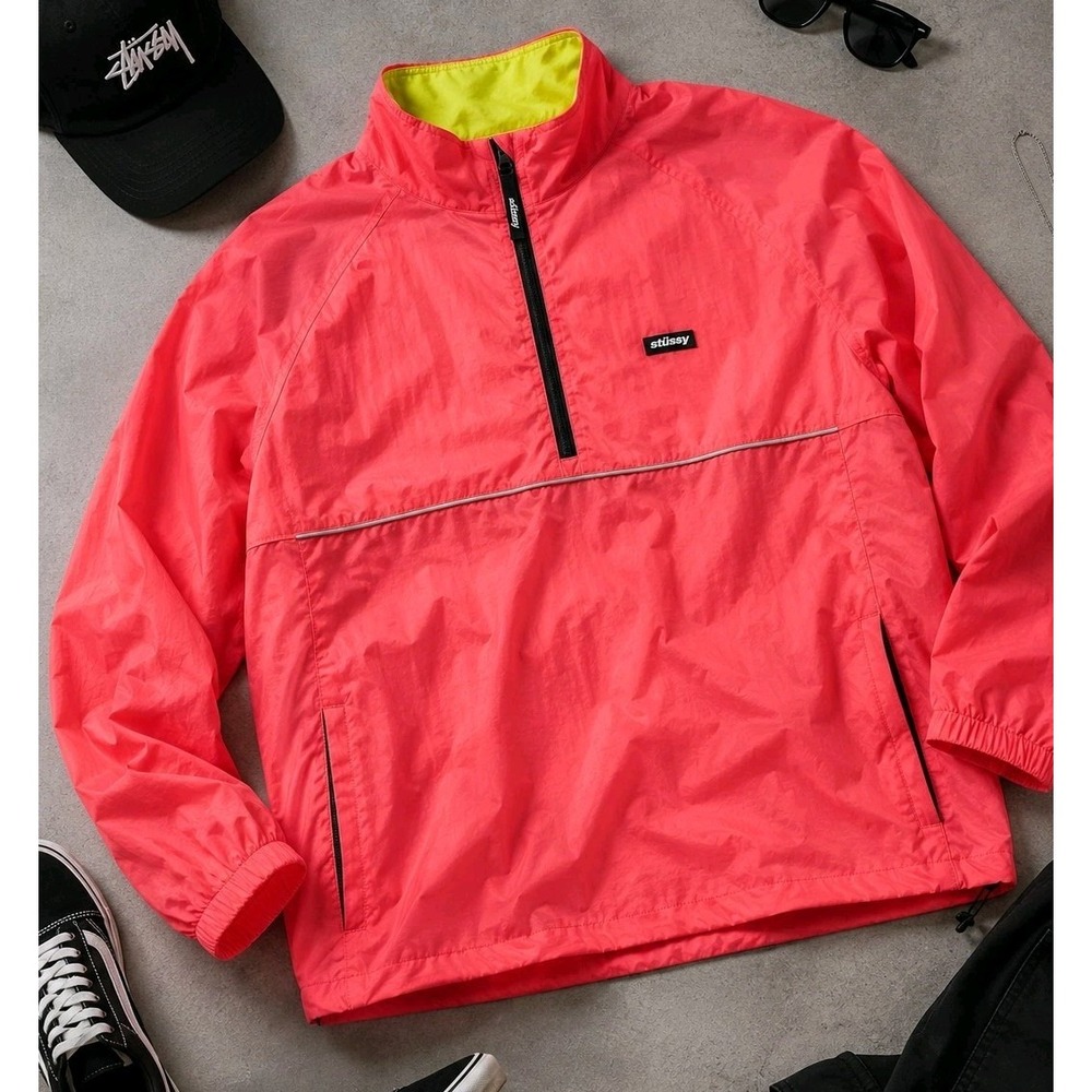 Stussy XL Red Half Zip Windbreaker Jacket Y2K Streetwear Skate Surf Gorpcore